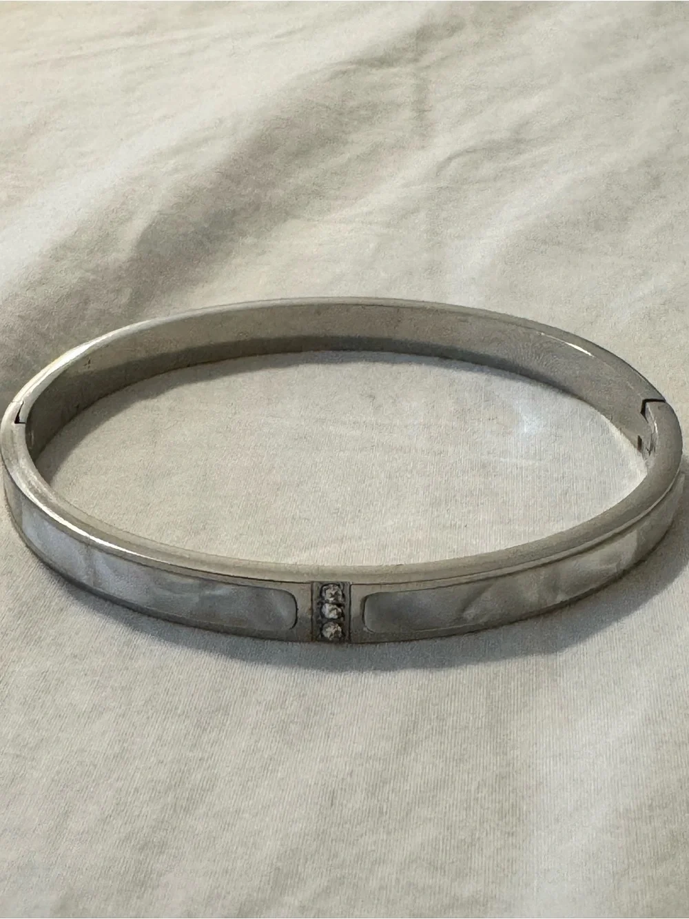 Silver Mother-of-Pearl Hinged Bangle Bracelet with Crystal Accent